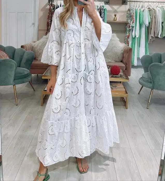 Dresses for Dresses Spring Summer Shirt Dress 2024 White Dresses V-Neck Flared Sleeves Lace Hollow Solid Color Sexy Long DressesXJ250514