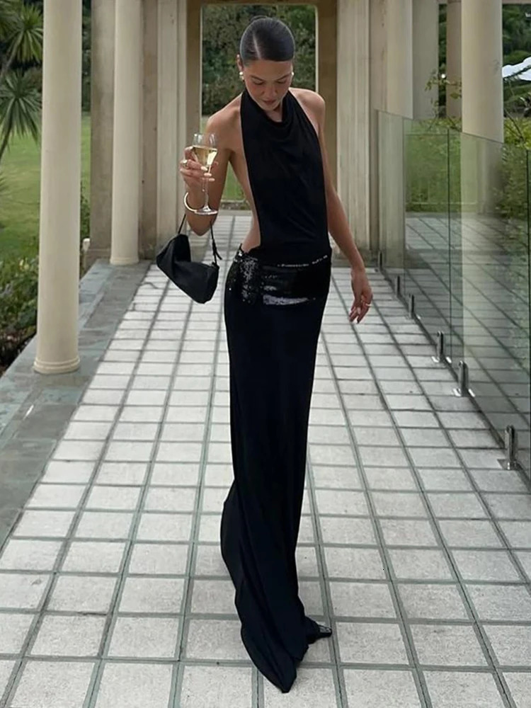 kliou Backless Fashion Women Dresses Elegant Halter Patchwork Draped Maxi Bodycon Female Solid Simple Evening Party Frock 250514