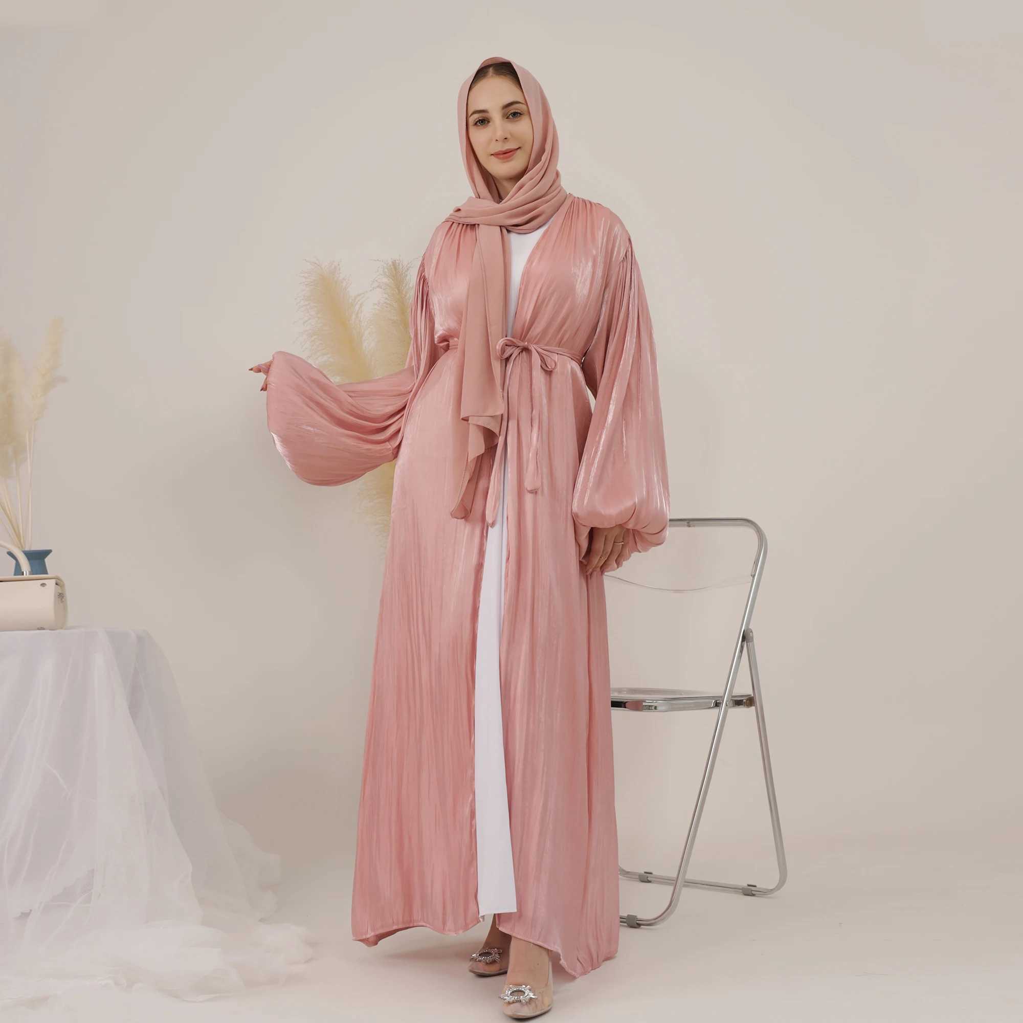 2024 Eid Djellaba Abaya Dubai Shiny Soft Cuff Slves Muslim Dress Silky Kimono Dubai Turkey Muslim Dress Islam Abayas With Belt X250514