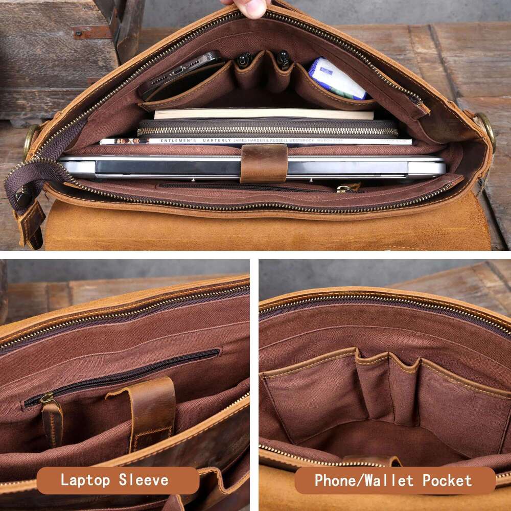 S.WORKER Vintage Genuine Men's Briefcase Laptop Messenger Bag Crazy Horse Leather Handbag Cowhide Retro Casual Style