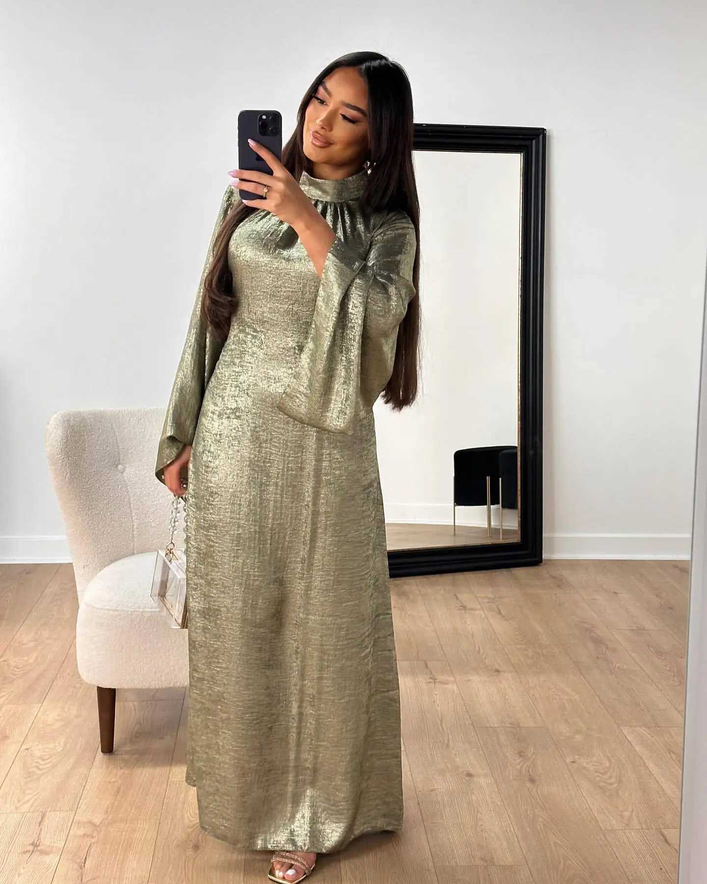 New Modest Muslim Loose Slve Belted Dress Robes Corban Eid Al Adha Shiny Party Evening Dresses Moroccan Turkey Dubai Vestidos X2505141