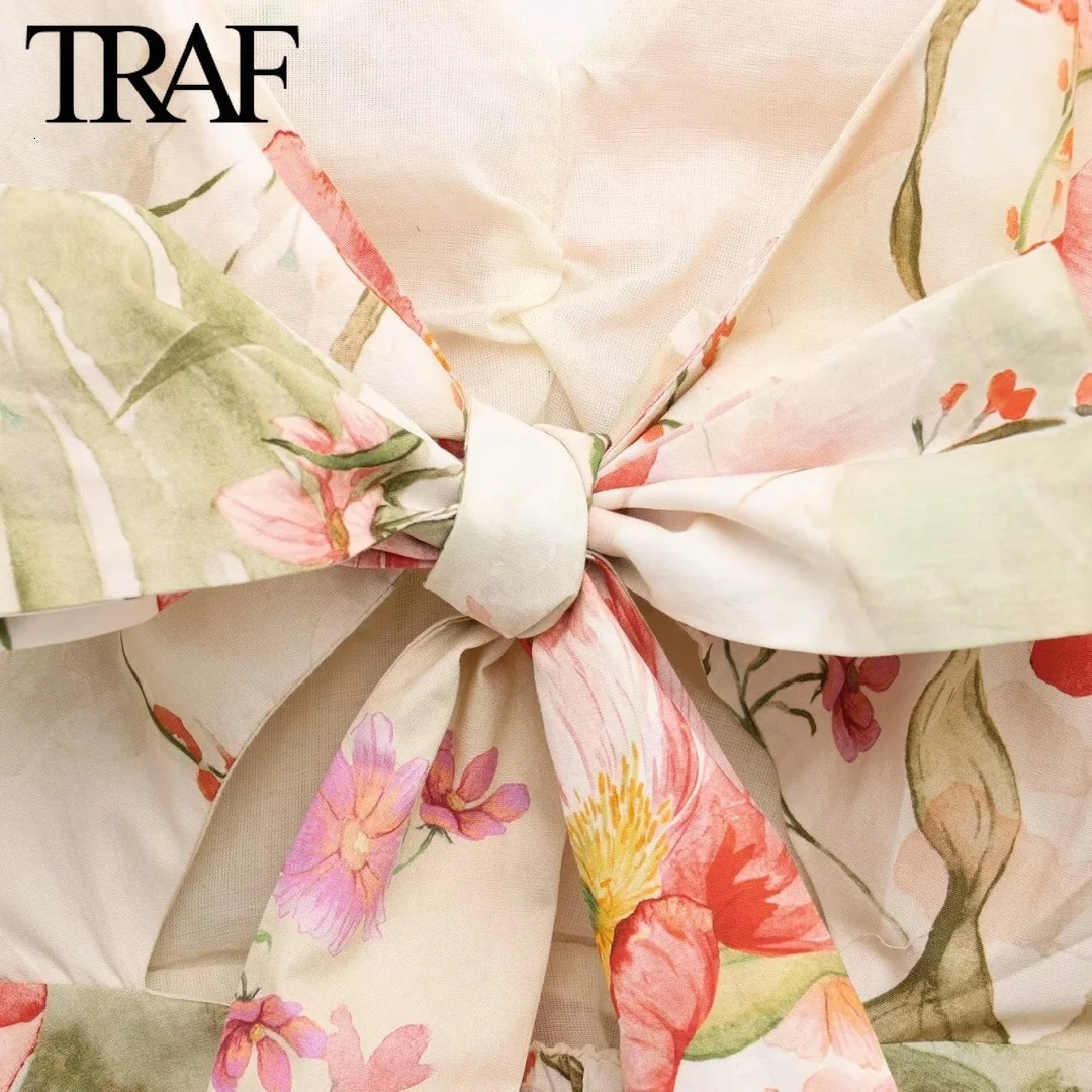 TRAF Dress for Women Fashion Summer Printing Bow Short Sleeved Vneck Mini Dresses French Chic Female Evening Clothing 250514