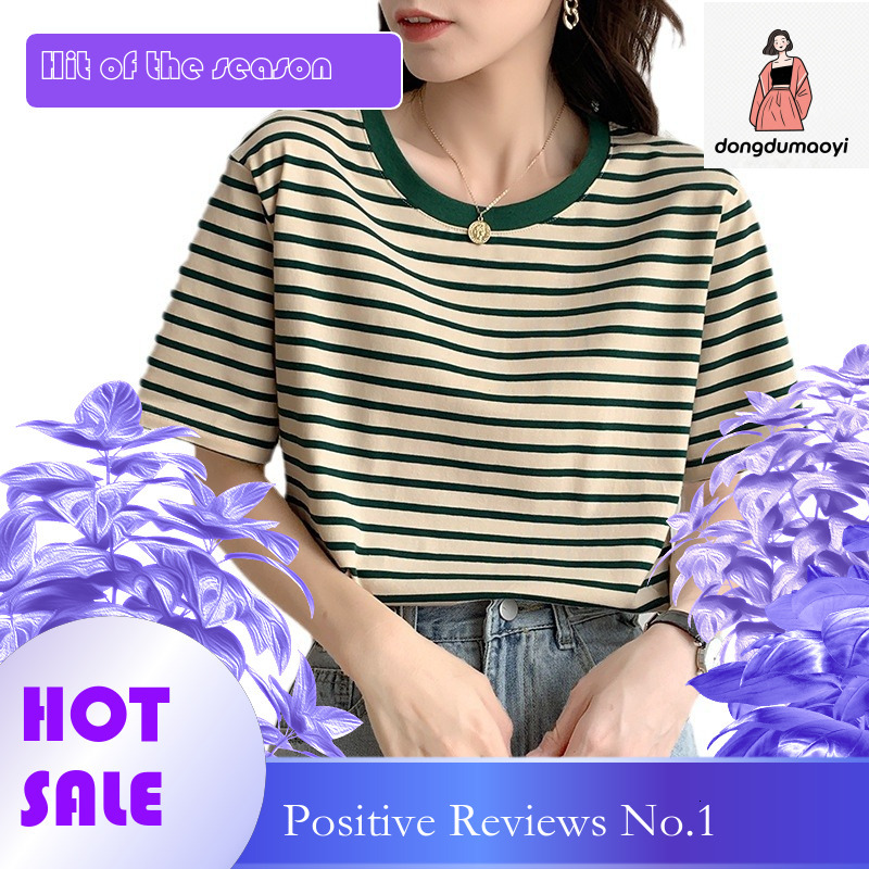 dongdumaoyi Round neck short sleeved for women in summer 2025, new women's clothing thin, loose and versatile striped T-shirt top