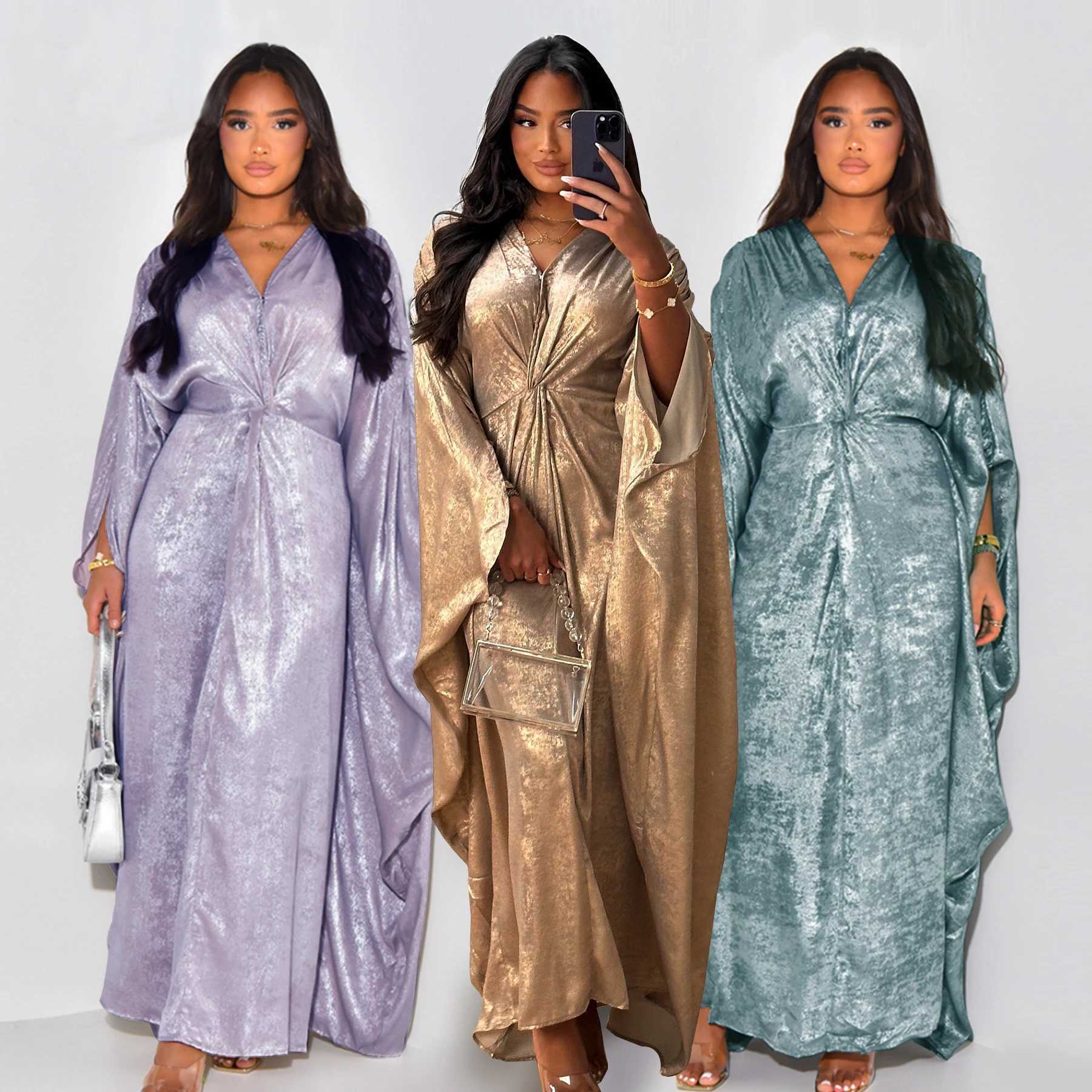 2024 Eid Satin Shiny Batwing Abaya Dubai Luxury Muslim Robe For Women Maxi Kaftan Dress Islamic Clothing Caftan Marocain Femme X250514