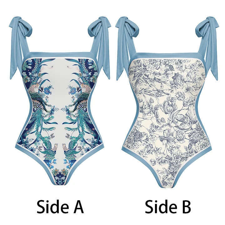 New double-sided European and American one-piece women's conservative vacation swimsuit chiffon printed wrapped skirt set 2025 new casual versati