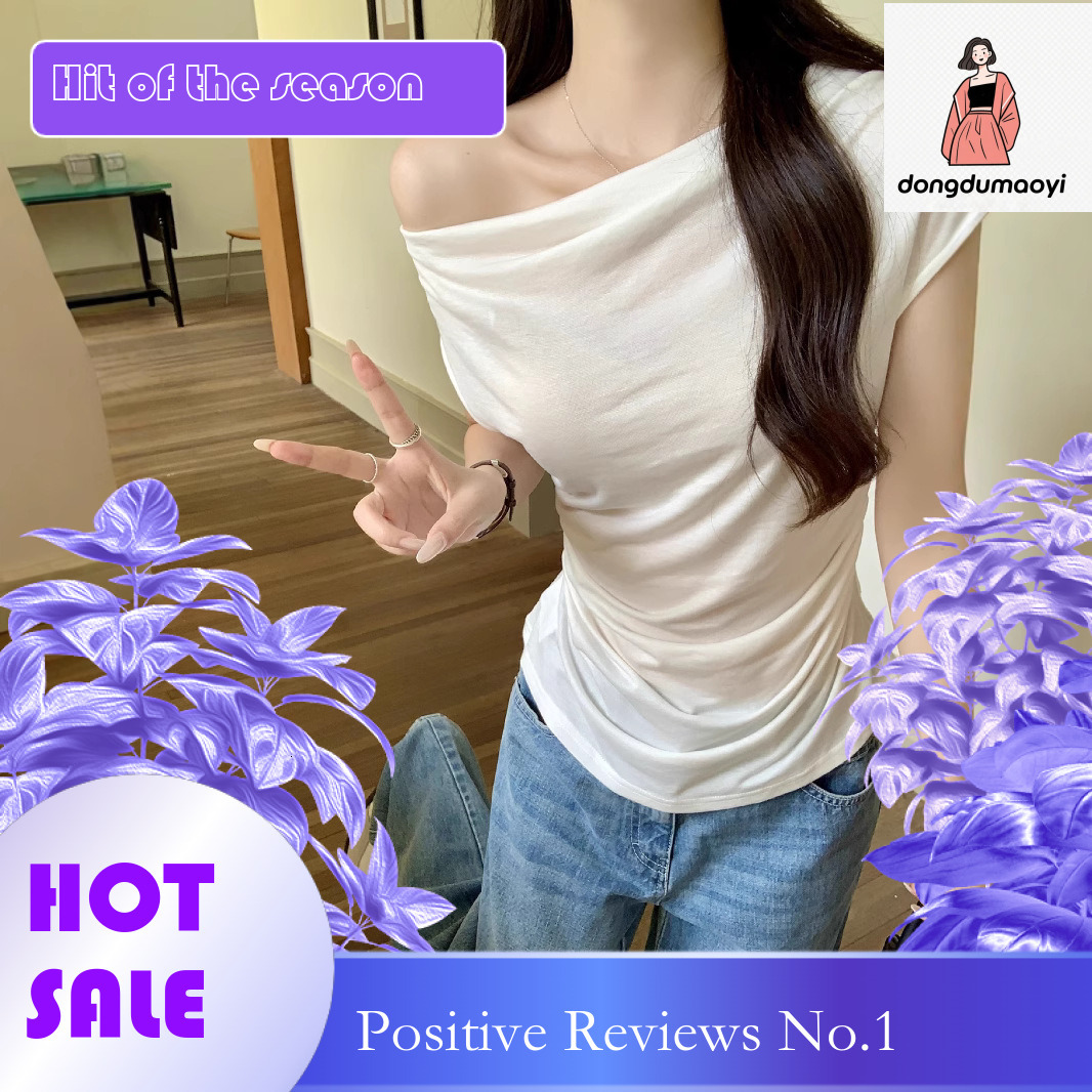 dongdumaoyi Slanted sleeved T-shirt for women's summer new design, unique and stylish, solid color, spicy girl, sexy off shoulder short top
