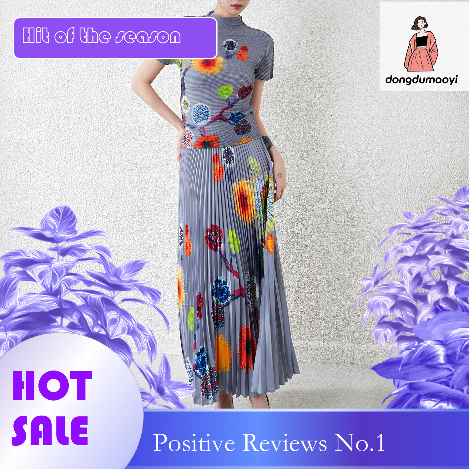 dongdumaoyi Miyake design style short sleeved T-shirt with a large display to cover the flesh, half skirt women's summer new style, two-piece set