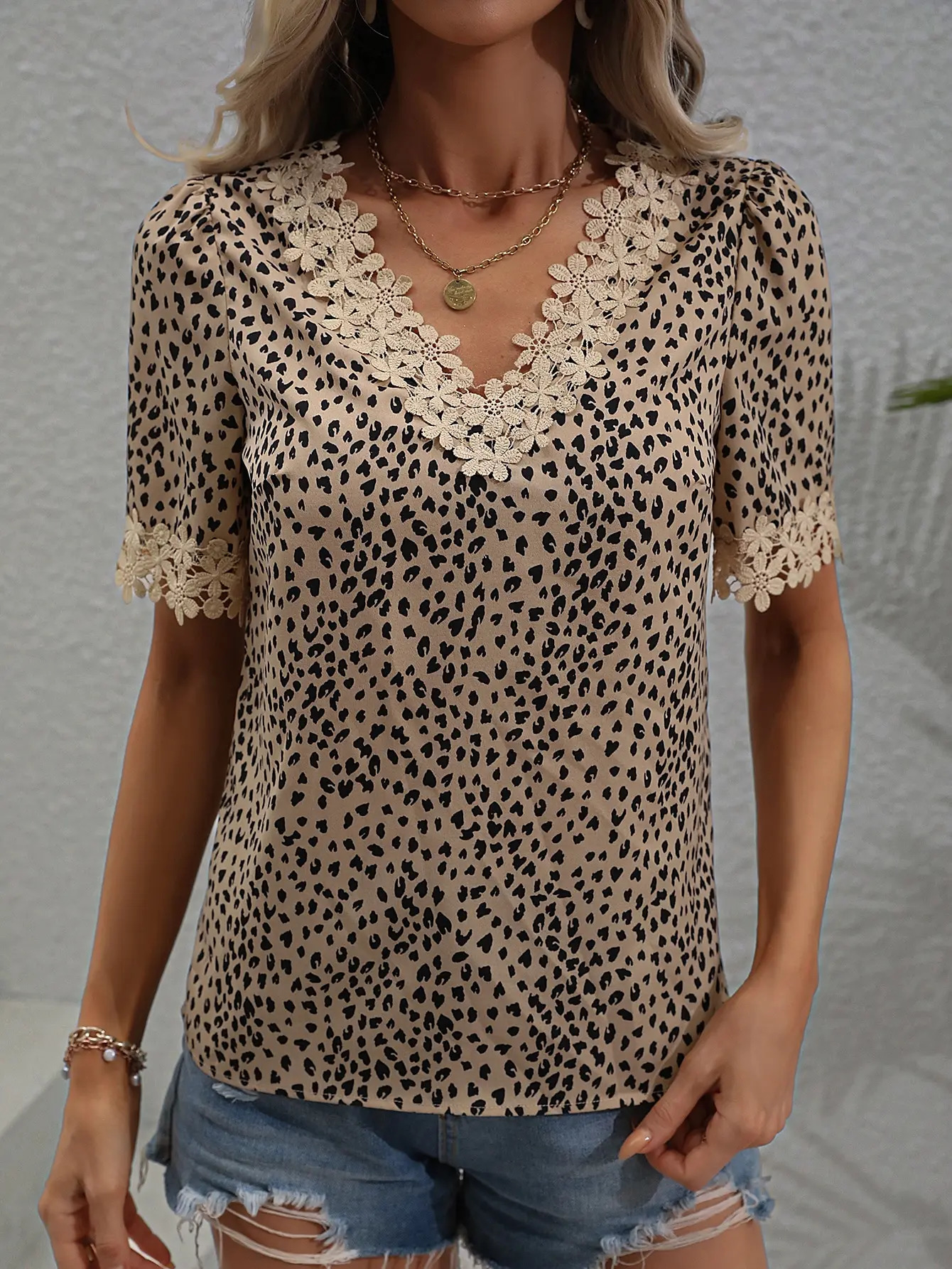 Elegant casual womens shirt Vneck short sleeve lace full body printed 250514