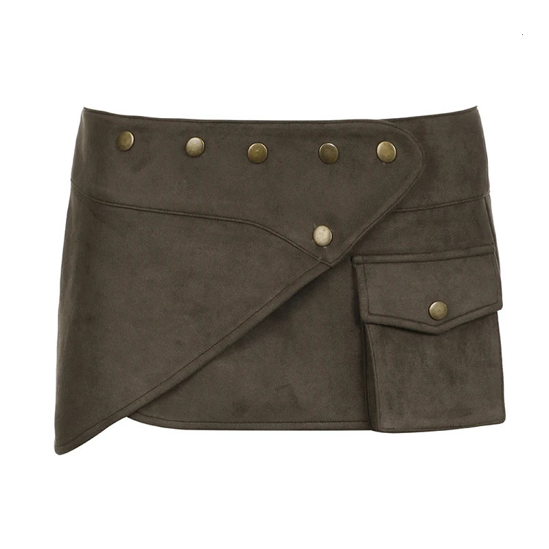 HEYounGIRL Vintage Brown Irregular Tiny Skirt with Pocket Y2K Stylish Rivet Detail Low Waist Mini Short Fashion Clubwear 250514