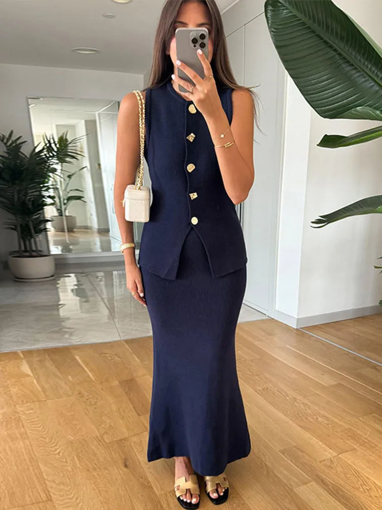 Elegant Knit Vest Suits Women Solid Single Breasted Oneck Sleeveless Slim Waistcoat Bodycon Midi Skirts Spring Lady Outfit 250514