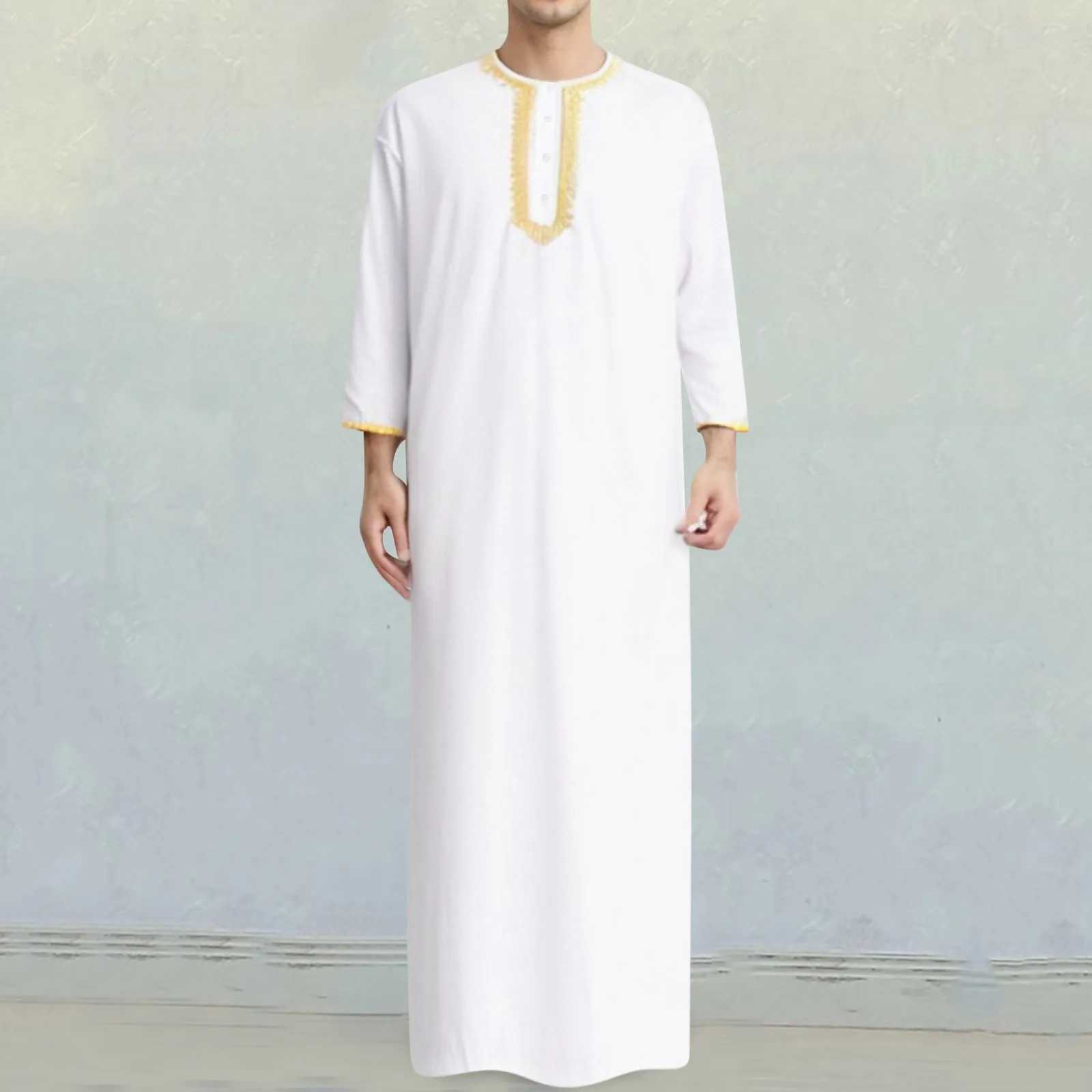 Mens Embroidered Robe Muslim Arab Hui Solid Color Ribbon Robe Dubai Travel Robe Simple Casual Korean Version Slim Fit Shirts X250514