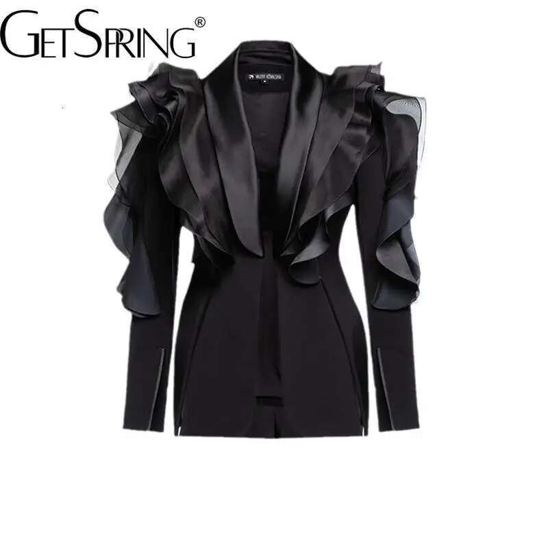 Getspring Women 2025 Three Dimensional Ruffled Ing Long Sleeve Ladies Black Blazer Coat Women's Slim Suit Jacket