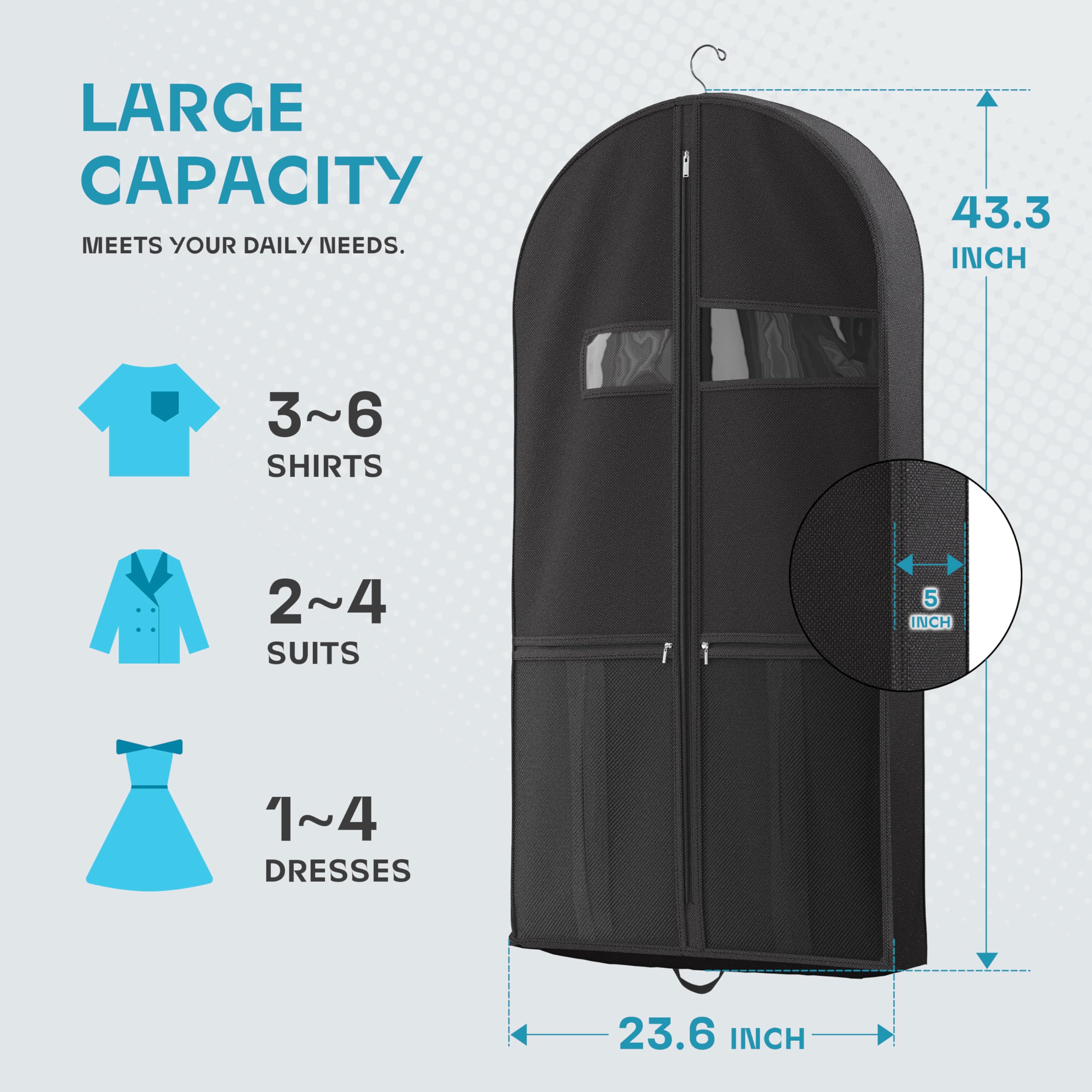 43" Travel Garment Bag with Accessories Zipper Pocket, Heavy Duty Suit Bag for Suits, Tuxedos, Dresses, Coats, Black, 1 pack