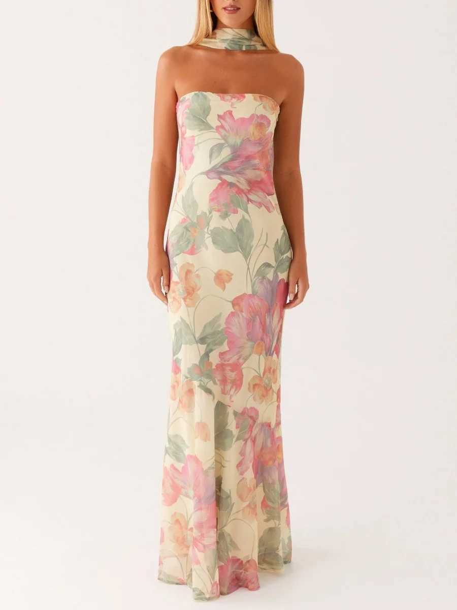 Womens Floral Strapless Dress Sexy Backless Maxi Long Dress Y2K Sleeveless Mesh Bodycon Tube Dress with Neck Scarf SundressXJ250514