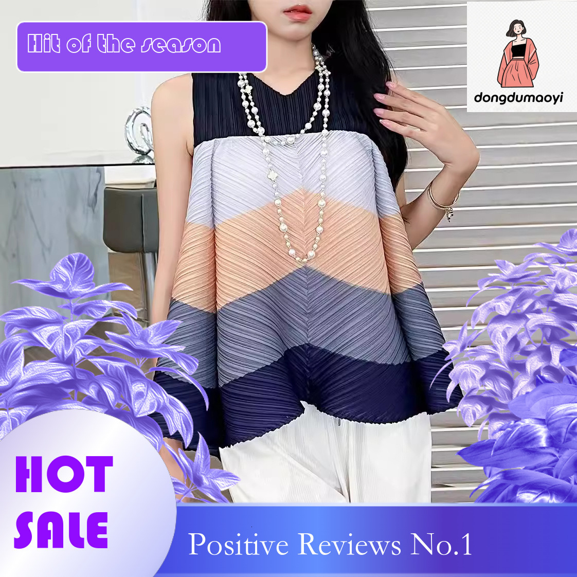 dongdumaoyi Folded mini top, summer new style, Miyake design, contrasting colors, flower buds, sleeveless t-shirt, ins trendy