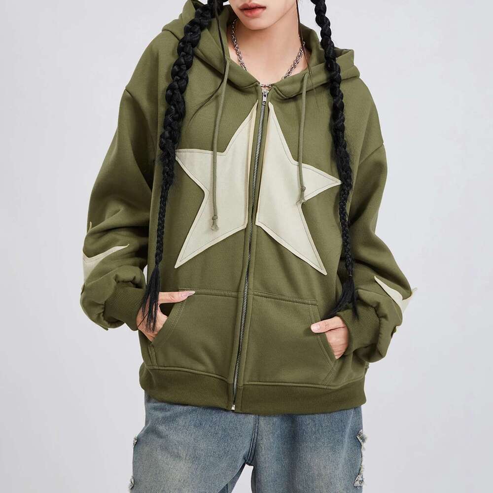 Vintage Star Print Drawstring Hoodies Women's Autumn Casual Loose Long Sleeve Zip Up Hooded Coats Street Haruku Outerwear Designer