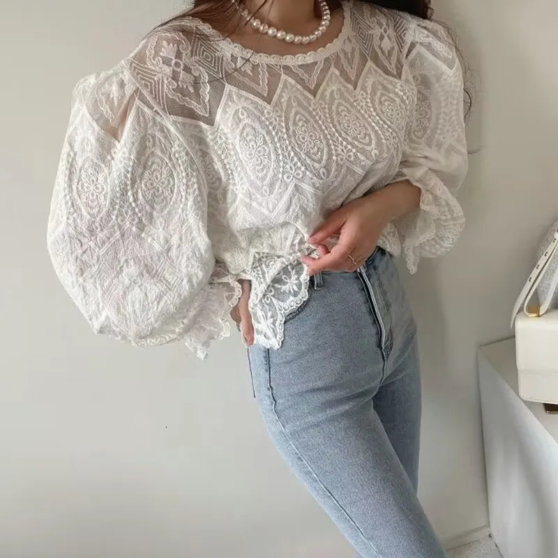 REALEFT Spring Summer Hollow Out Lace Crochet Womens Blouses Solid Long Sleeve Oneck Casual Shirts Top for 250514