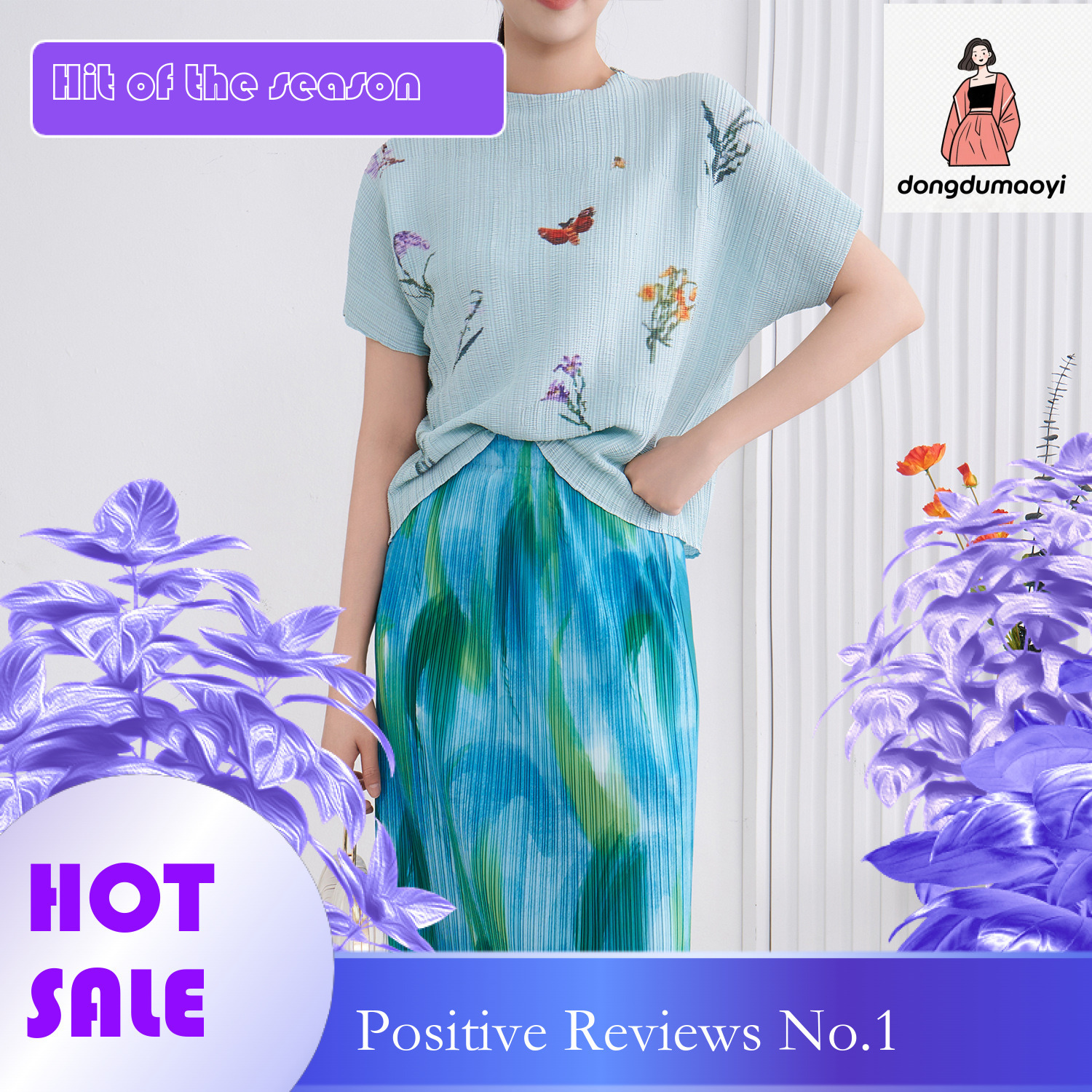 dongdumaoyi Short sleeved T-shirt with summer design sense, plant printed pleated top, slightly transparent and versatile top for women