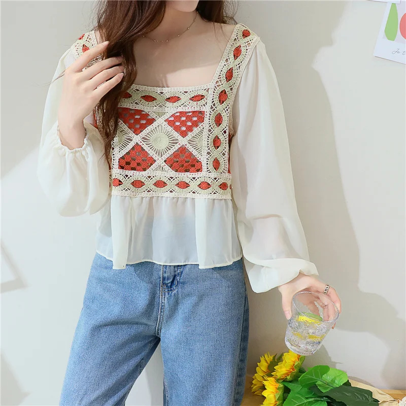 Women Blouse Crochet Knit Square Neck Chiffon Sleeve Geo y Crop Tops Summer Teengirls Fairycore Cottagecore Outfit 250514