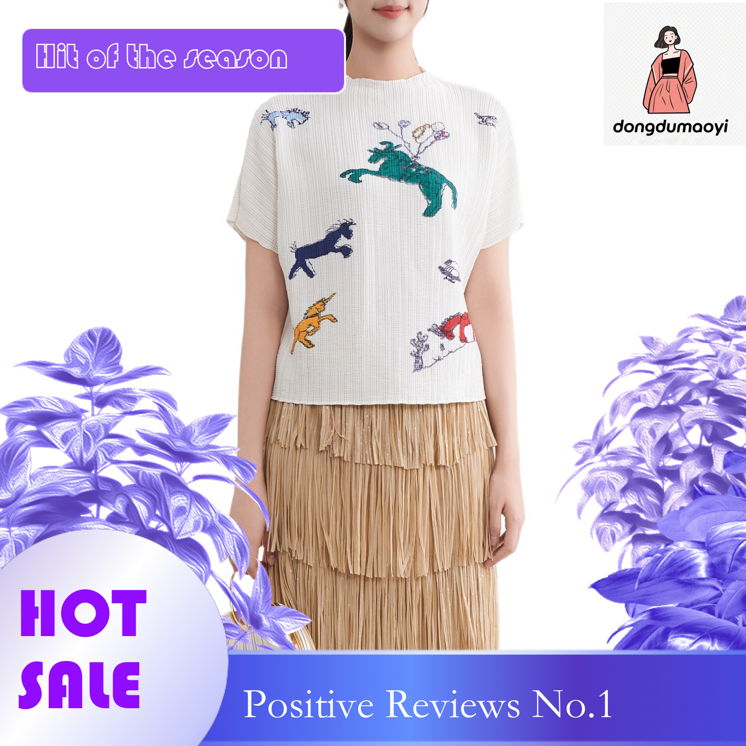 dongdumaoyi Miyake round neck loose thin T-shirt women's summer new print pleated top chiffon pullover short sleeved base shirt
