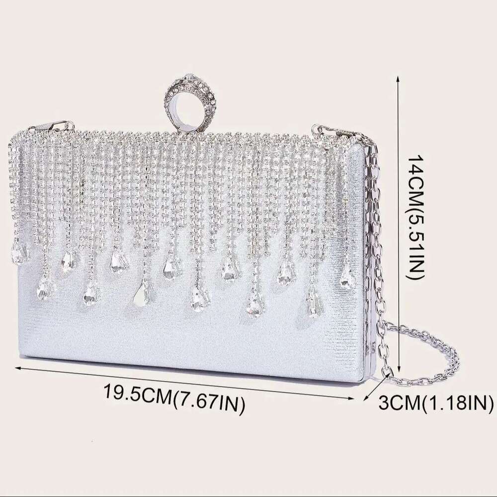 Women's Evening Sier Clutch With Rhinestone Tassel Wedding Party Handbag Square Purse Elegant Shoulder Bag