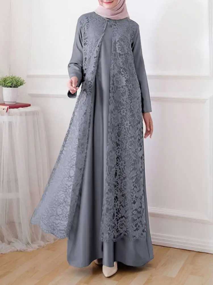 ZANZEA Women Elegant Lace Overlay Satin Dress Muslim Fashion Islamia Hijab O Neck Long Slve Abaya Robe Luxurious Long Vestidos X250514