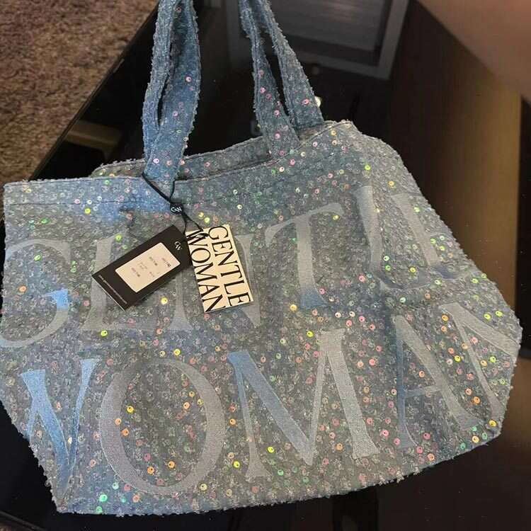 Thai letter glitter washed denim item bling large capacity tote bag 2025 temperament versatile new trend ins