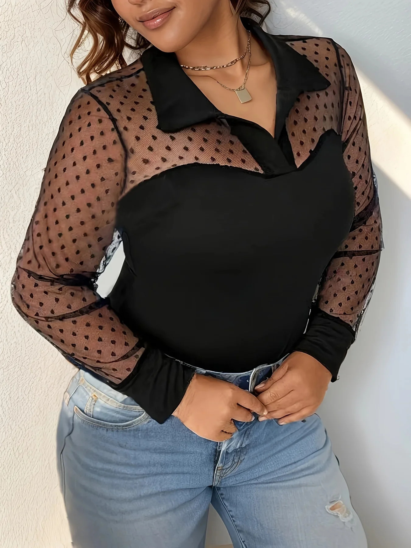 Plus Size Swiss Dot Mesh Stitching Blouse Elegant Collared Long Sleeve Top For Spring Fall Womens Clothing 250514