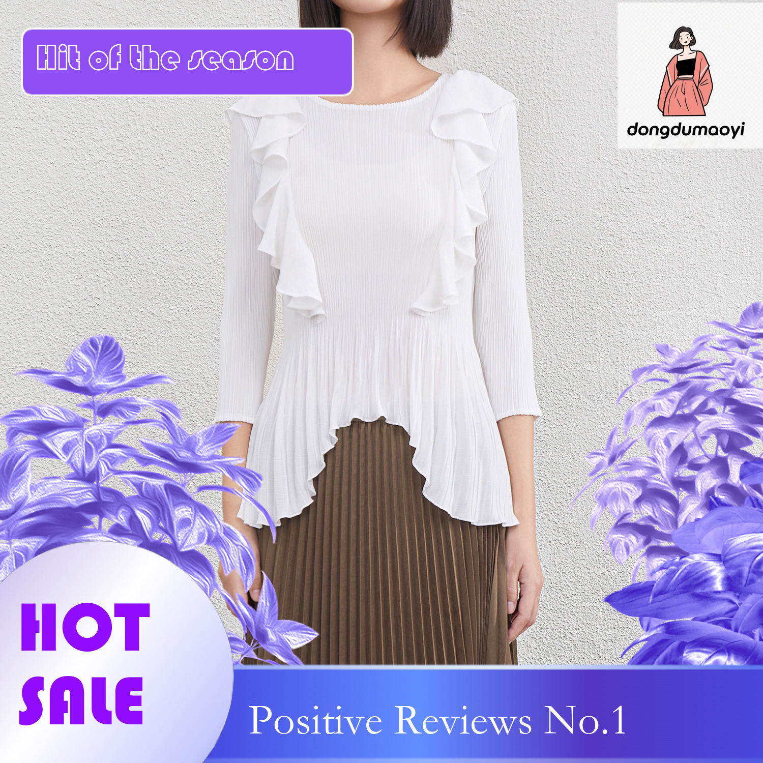 dongdumaoyi Sweet fungus edge cinched waist round neck seven quarter sleeve top, new design sense, temperament pleated T-shirt, chiffon shirt