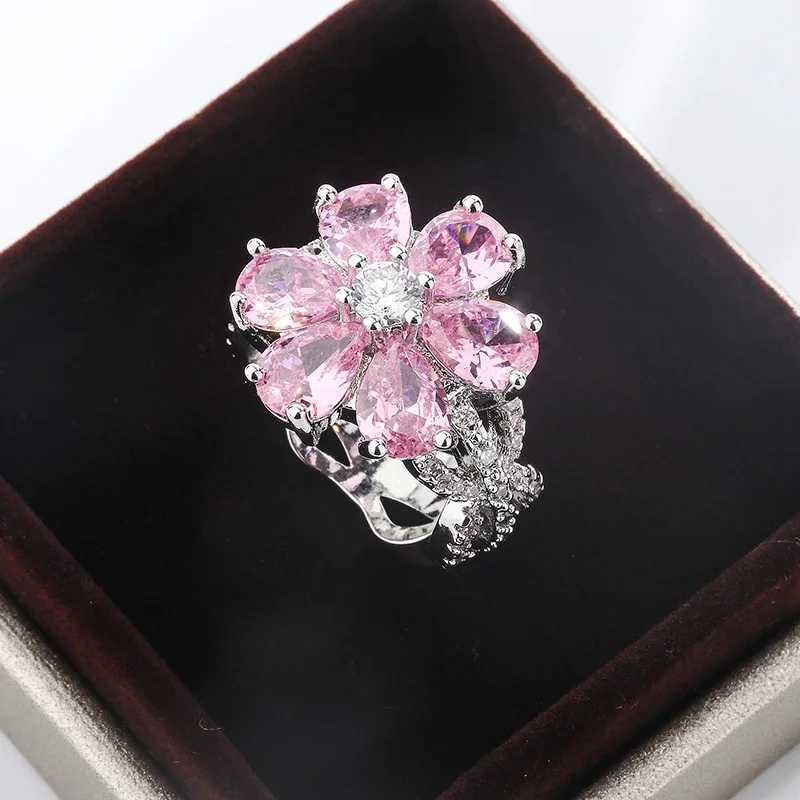 Exquisite Colorful Zircon 925 Silver Ring Women for Ring Fashion Pink Flowers Womens Engagement Ring Party Jewelry PeachXJ250514