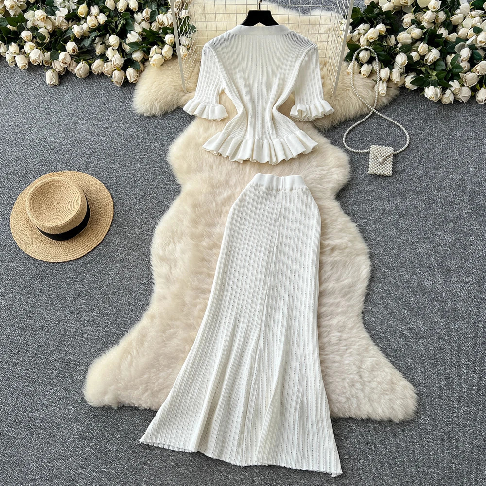 YuooMuoo Fashion Womens Two Piece Set Elegant Vneck Ruffled Knitted Tops and Wrapped Hips Long Skirts Clothes for Women 250514