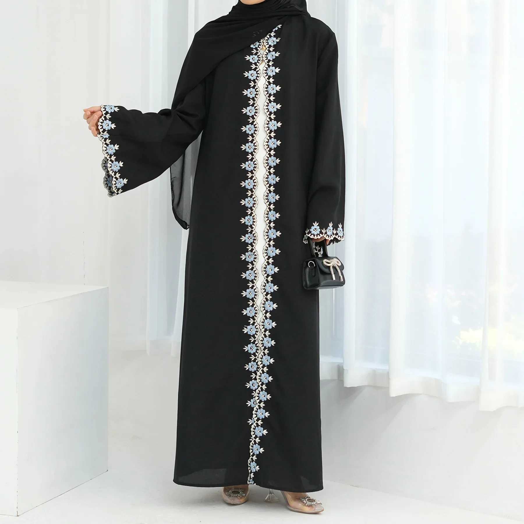 Eid Ramadan Flower Embroidery Abayas for Women Muslim Dress Dubai Open Abaya Turkey Kaftan Ka Caftan Marocain Femme Robe New X2505141
