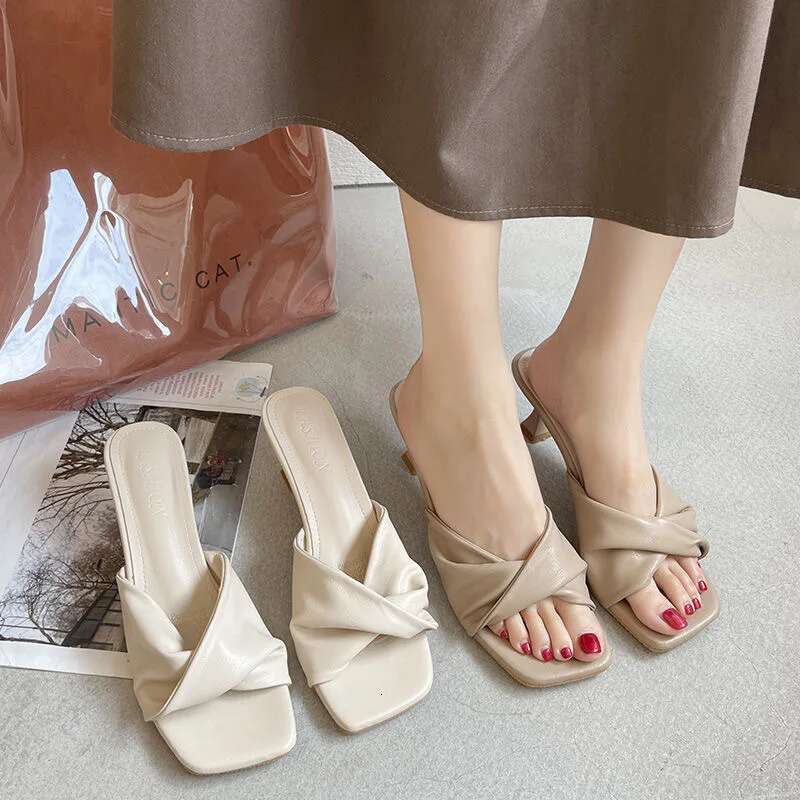 new minimalist single e cool drag cat heel high-heeled shoes French women's half slippers for outerwear