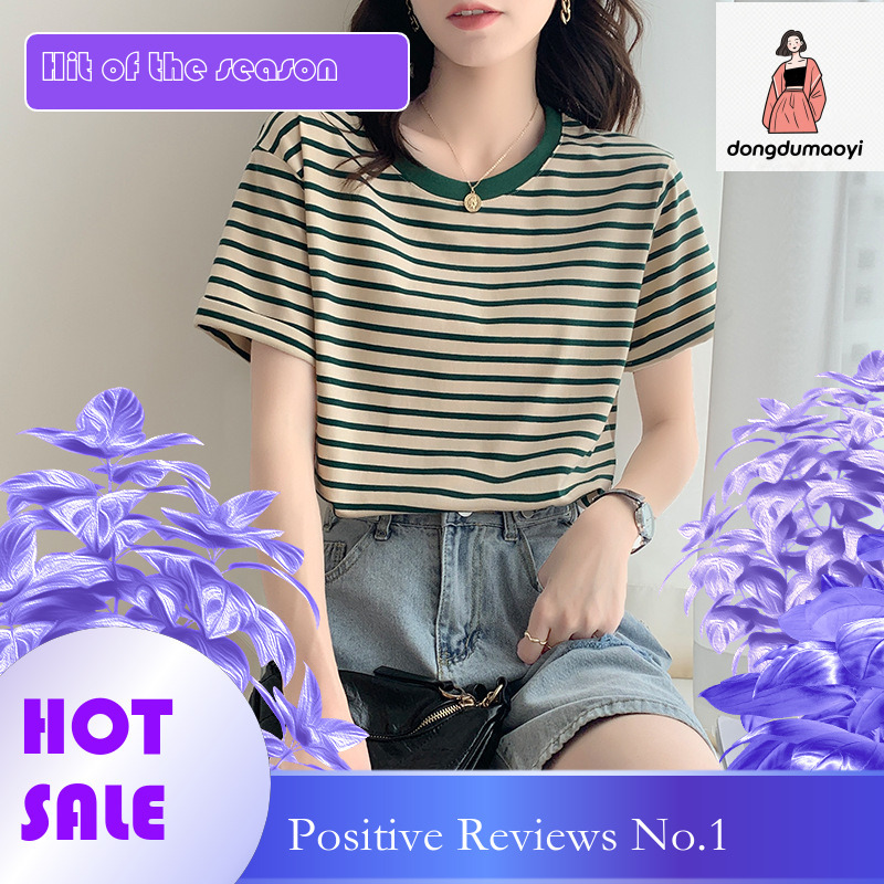 dongdumaoyi Round neck short sleeved for women in summer 2025, new women's clothing thin, loose and versatile striped T-shirt top