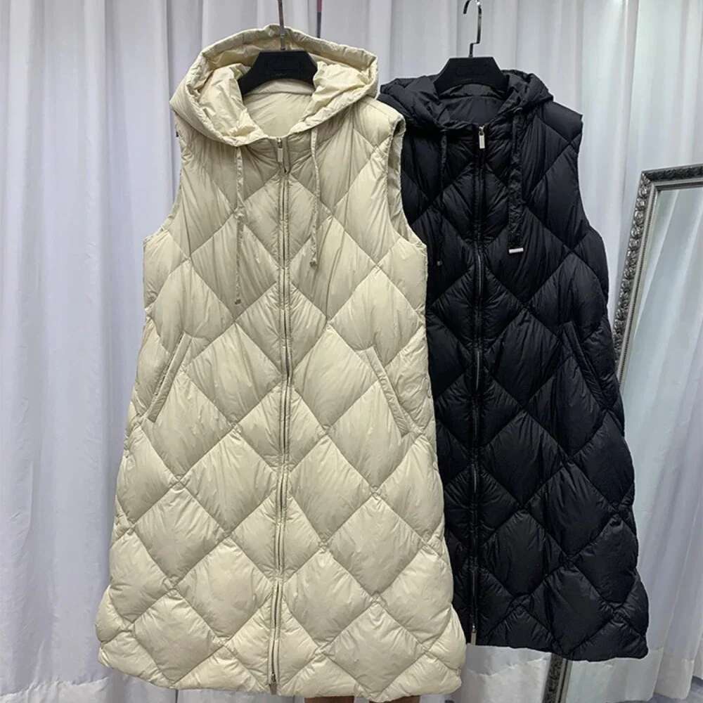 2024 New Women Down Sleeveless Vest Winter Zipper Up Belted Hooded Dia Lattice Thicken Warm Puffer Waistcoat
