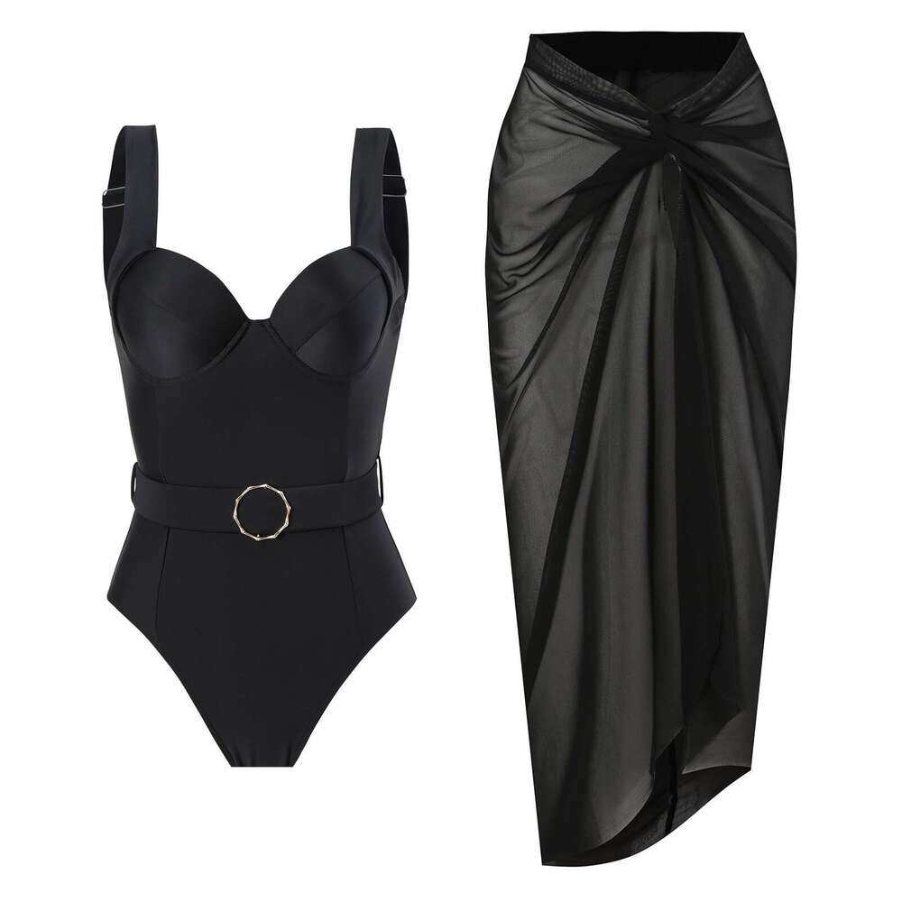 Qiao Jiayuan solid color one-piece fashionable sexy women's French retro cover belly slimming swimsuit set 2025 new casual versatile fashion clot