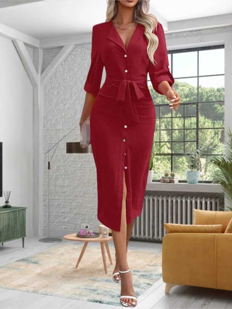 2024 Womens New Autumn Solid Color Lapel Waist Cinching Lace Up Temperament Sexy Slit Single Breasted Dress For WomenXJ250514
