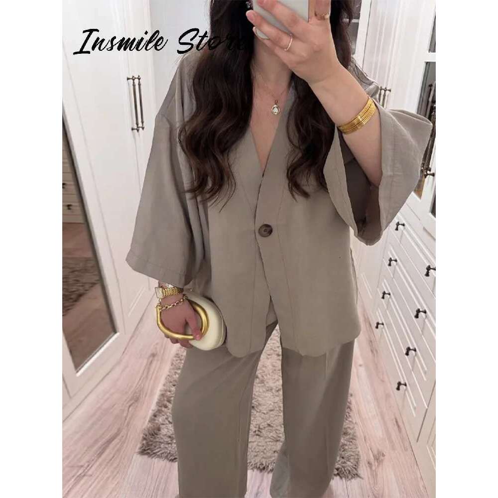 Casual Solid Women Pants Suits V-neck Single Buttons Loose Top Wide Leg Trousers 2025 Spring Summer New Fashion Female Sets