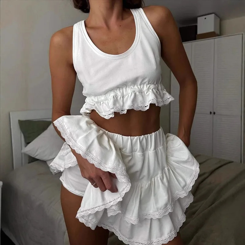 Tuularose Mesh Lace Short Skirt Set For Lady Solid Sleeveless Vest Top High Waist Cake Skirt Set Female Office Lady Skirt Set 250513