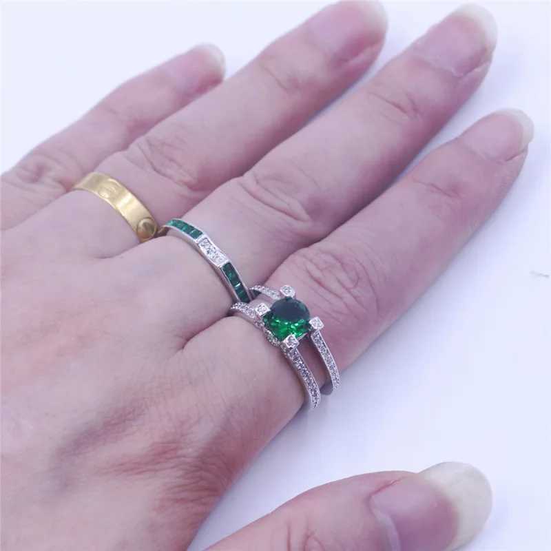 Handmade Lab Emerald Diamond Ring Set 925 Sterling Silver Wedding Band Rings for Women Men Promise Party Jewelry GiftXJ250514