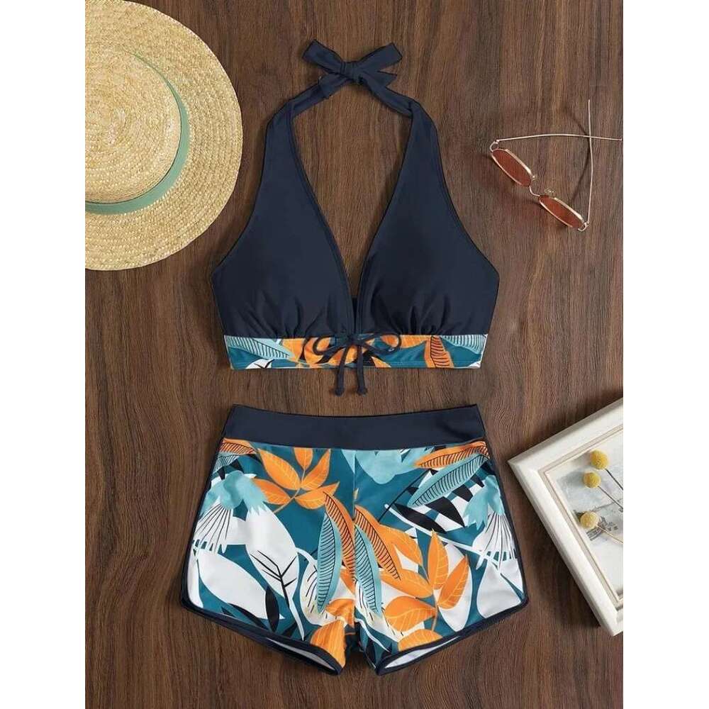 Fashion Printed Swimsuit Women Spliced Lace Up Sporty Surfing Bikini Set Bathing Suit Beachwear Swimwear Female Swimming Suits