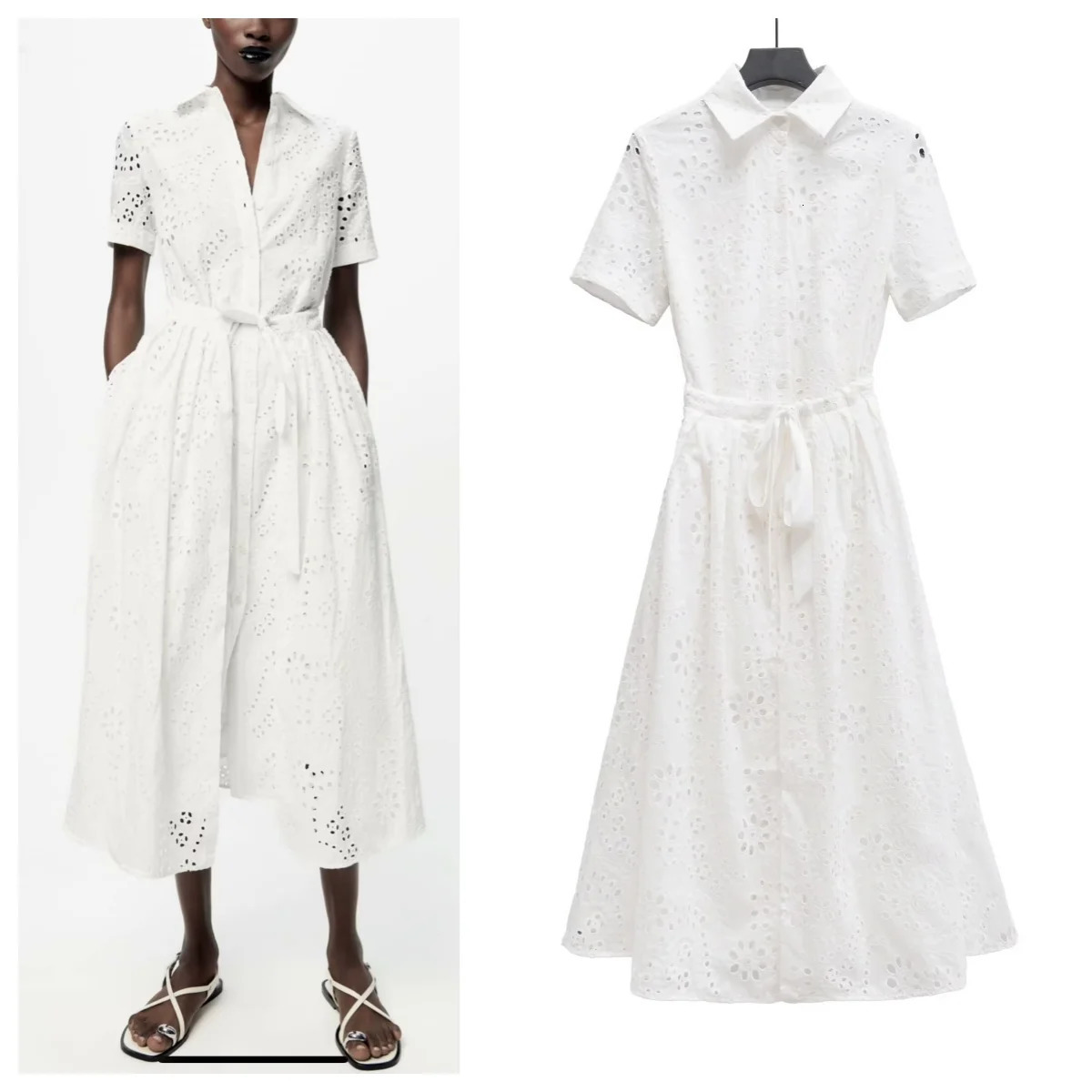 European and American style summer with belt y shortsleeved white dress 250514