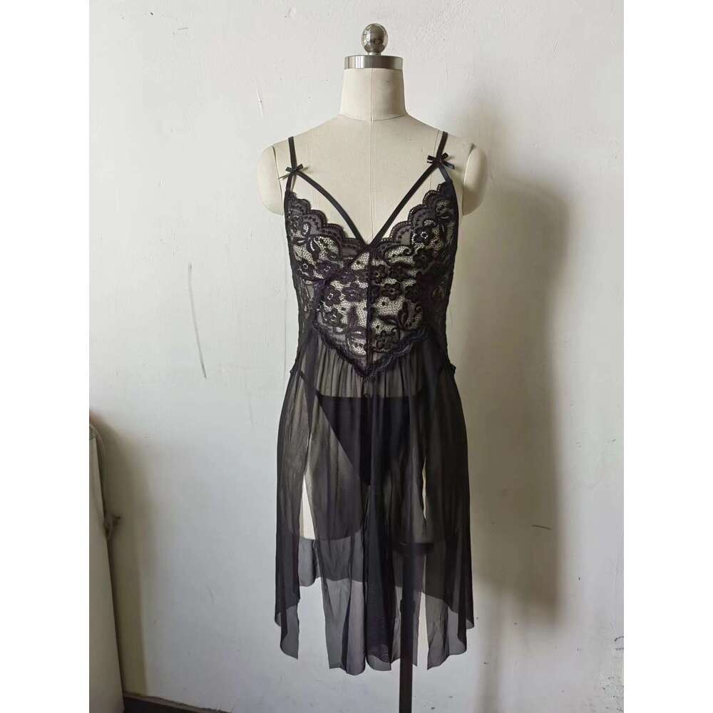 Sexy Lace Lingerie Fun Lingerie For Women Sexy Lace Mesh Patchwork Suspender Slit Exposed Breast Long Skirt Sleeping Dress KQ