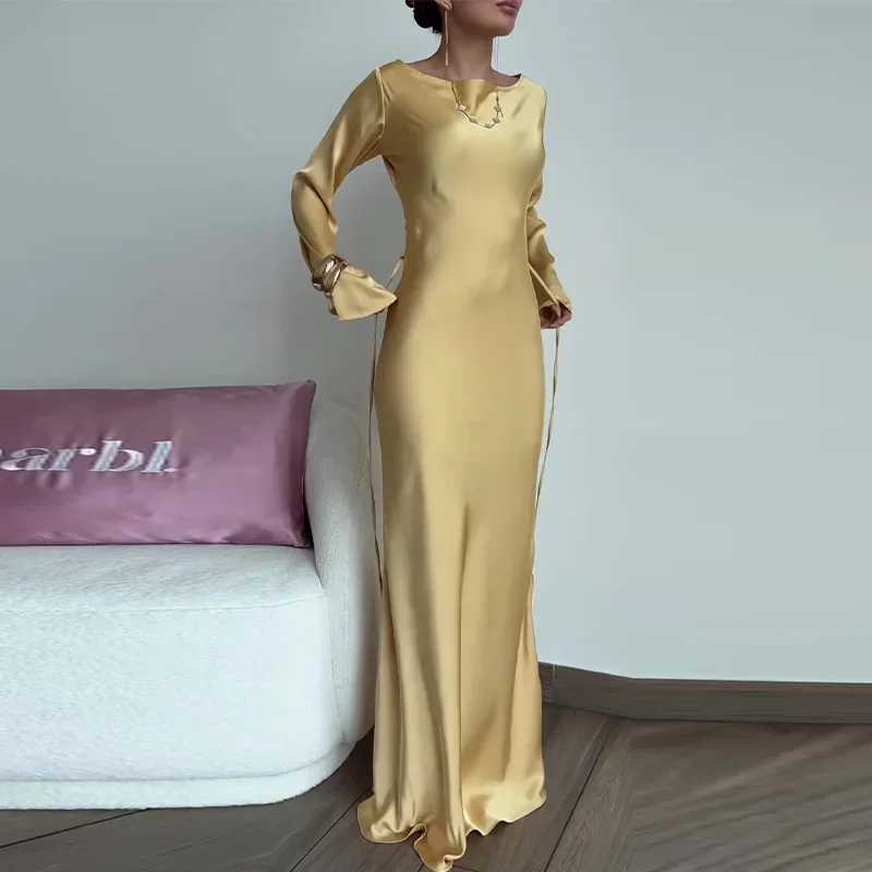 Women Back Lace-up Slim Fit Dresses Fashion Solid Color Floor-length Dress Female Commuter Party Gown Flared Long Sleeves FrockXJ250514
