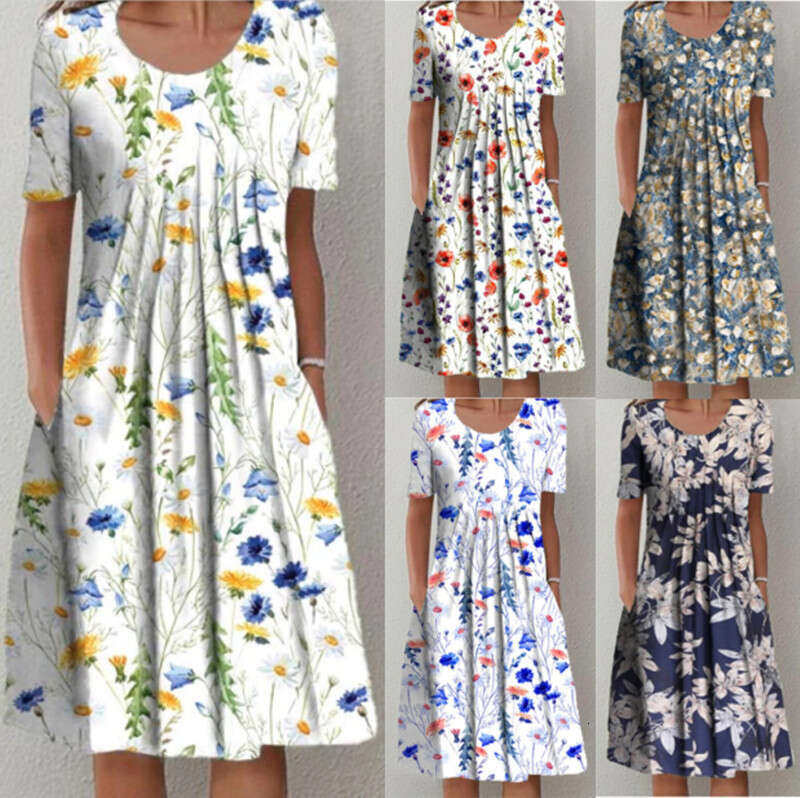 Women Clothes Dress TEMU Large Size Spring Summer Women S Elegant Big Swing Skirt Round Neck Printed Short Sleeve Dress KQ