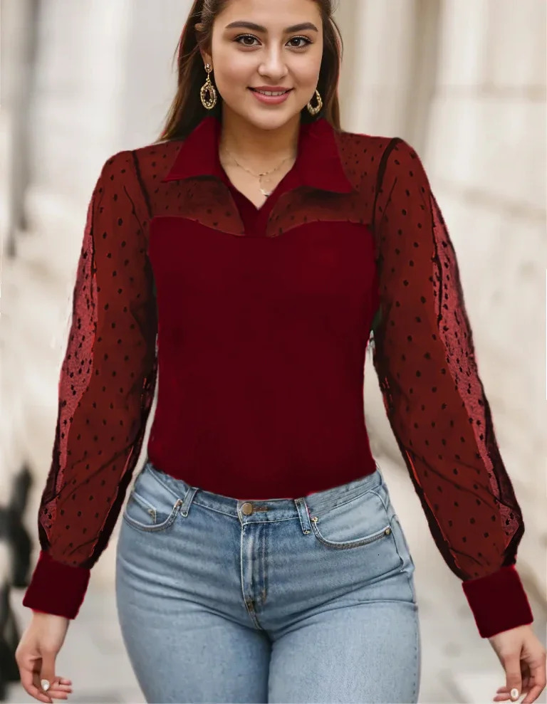 Plus Size Swiss Dot Mesh Stitching Blouse Elegant Collared Long Sleeve Top For Spring Fall Womens Clothing 250514