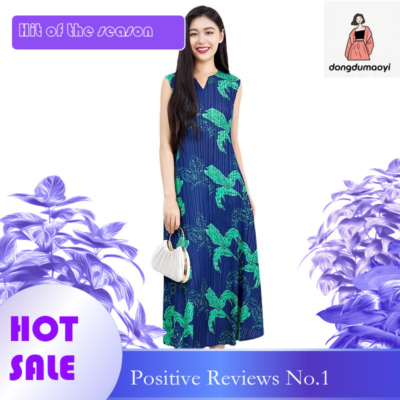 dongdumaoyi Miyake pleated plus size loose dress summer floral print waist cinching slimming A line skirt