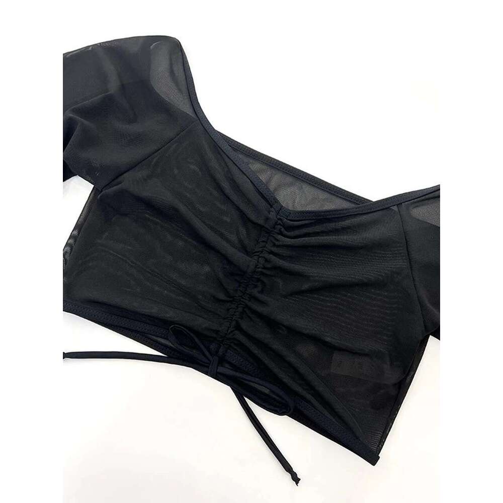 4 Piece Bikini Women Drawstring Cover Up Top & Shorts Swimsuit Female Halter Swimwear Bathing Swimming Mesh Beachwear Suit