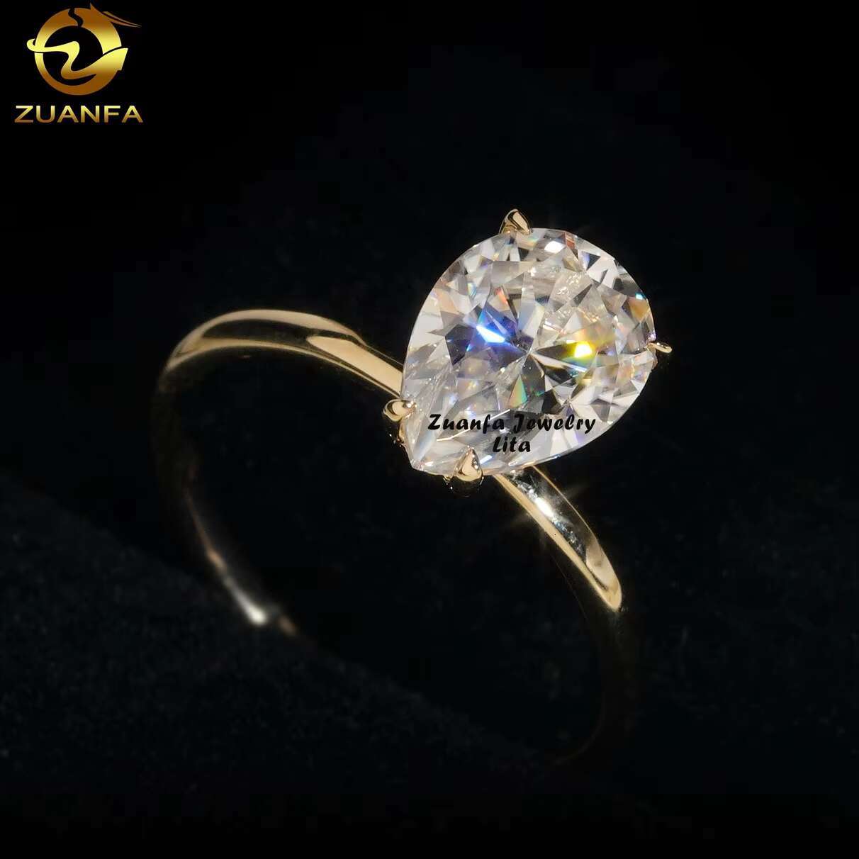Fashion Jewelry 14k Solid Gold Engagement Wedding Rings Pear Cut 2ct Prong Setting Moissanite Ring for Women