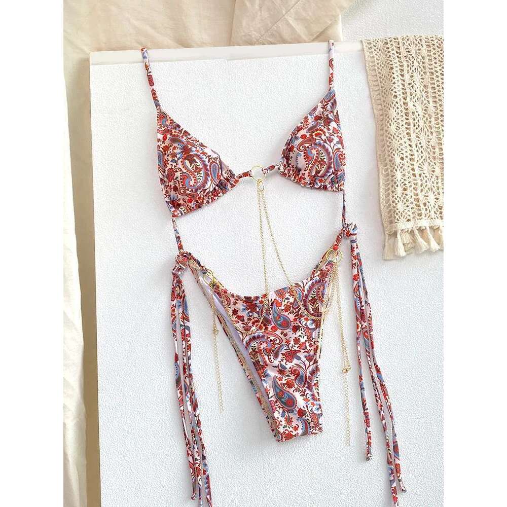 Sexy Triangle Chains Sets Micro Thongs Swimsuit Women Bathing Suit Biquini Bandage Beachwear Print Swimwear Thong Bikini